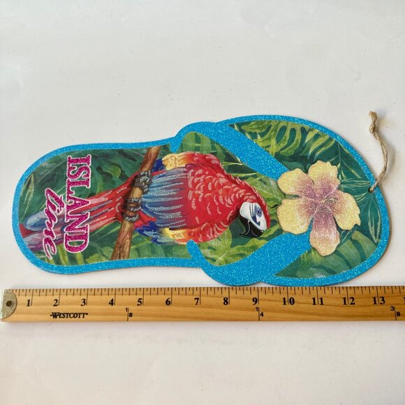 ISLAND TIME Tiki Bar Sign Wall Door Beach Decor Parrots Flip Flop Hibiscus - Picture 8 of 9